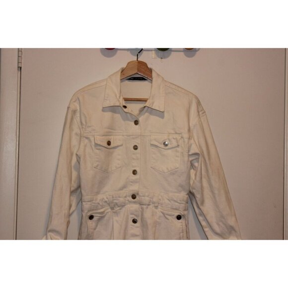Zara Womens White Denim Shirt Dress With Button Front & Adjustable Waist - Size - Picture 4 of 10
